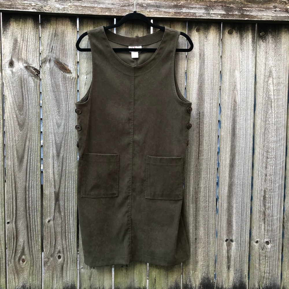 Vintage Pullover Jumper Pinafore R&K Originals Olive Green Faux Suede